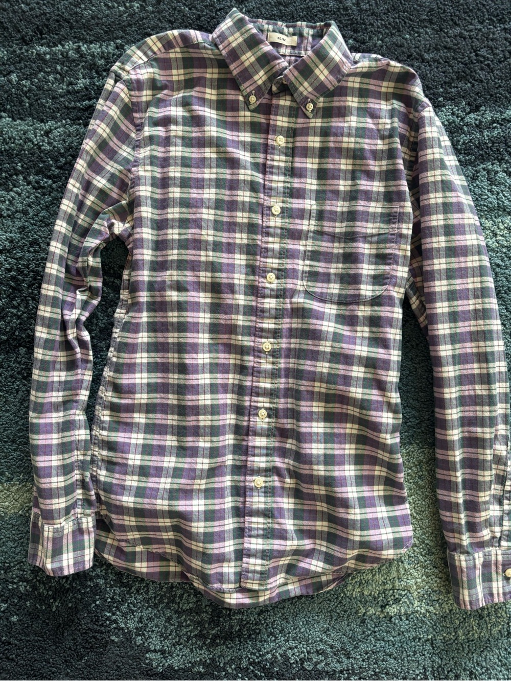 J. crew 100% cotton plaid green purple men’s button down collared oxford S slim